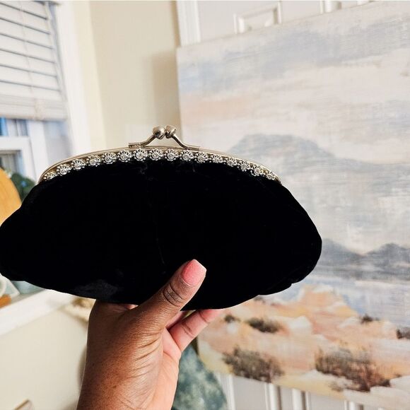 VTG Black Velvet Cocktail Clutch | Rhinestone Trim & Kiss Lock Closure - Picture 11 of 15